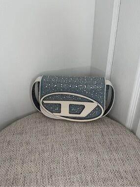 White-Trim Blue Rhinestone Shoulder Bag